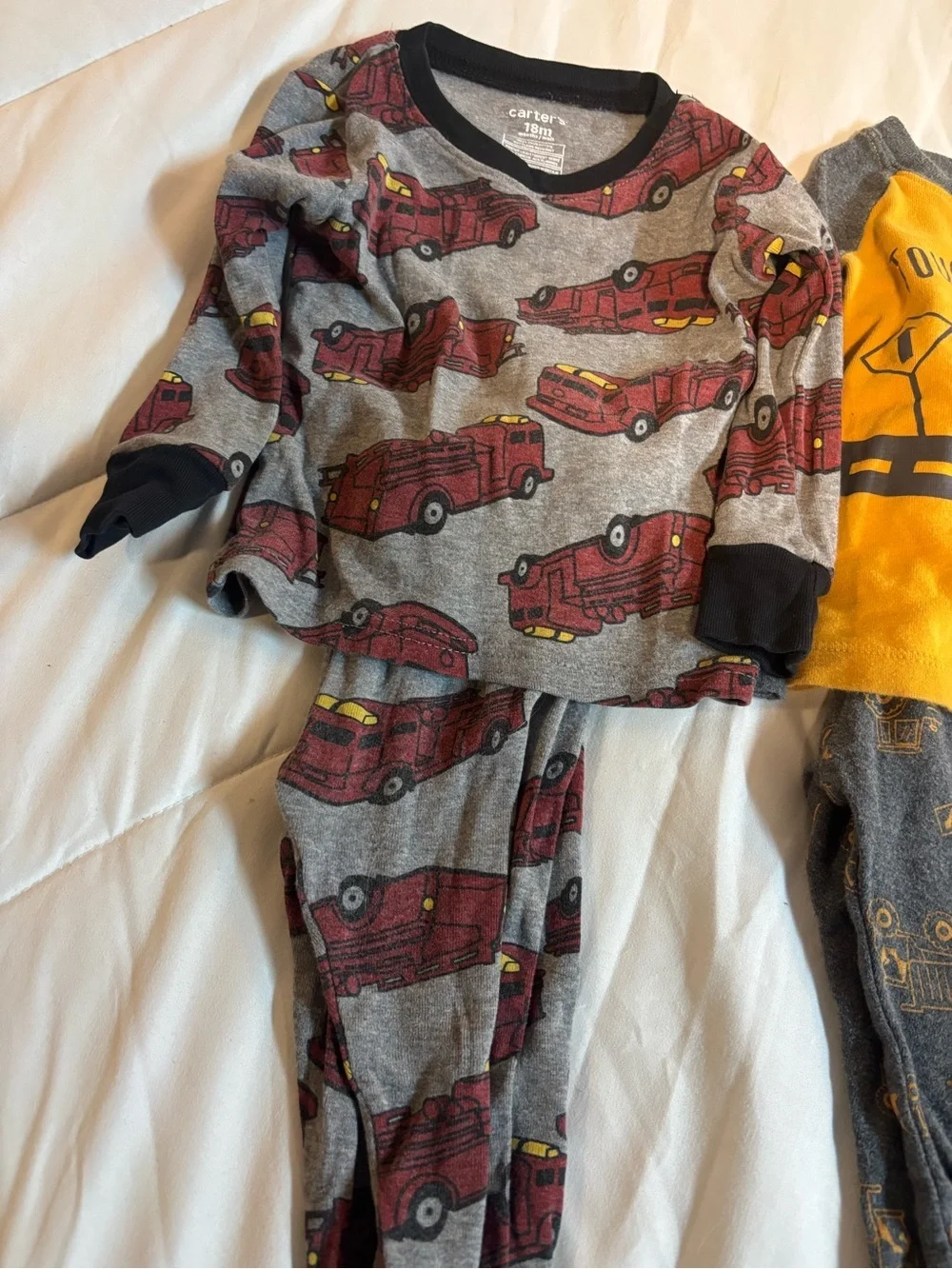 Set of 2 Boys Gray and Yellow Construction & Firetruck Pajama Sets size 18 month